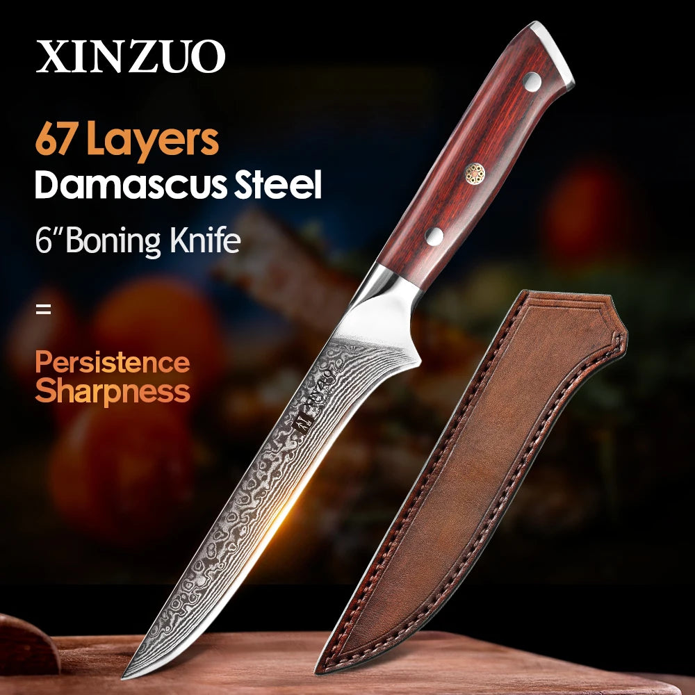 XINZUO 6" Boning Fish Knife Damascus Steel Rosewood Handle