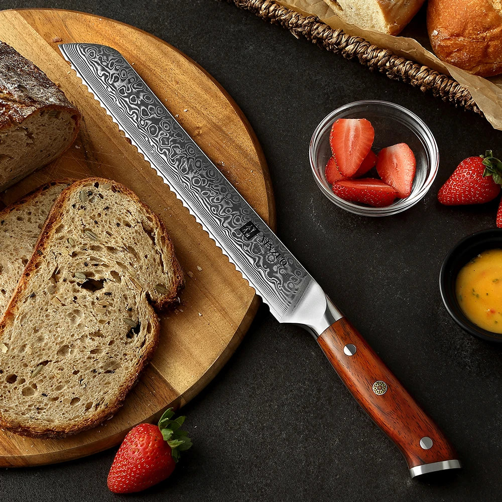 XINZUO 9'' Serrated Bread Knife Damascus Steel Rosewood Handle