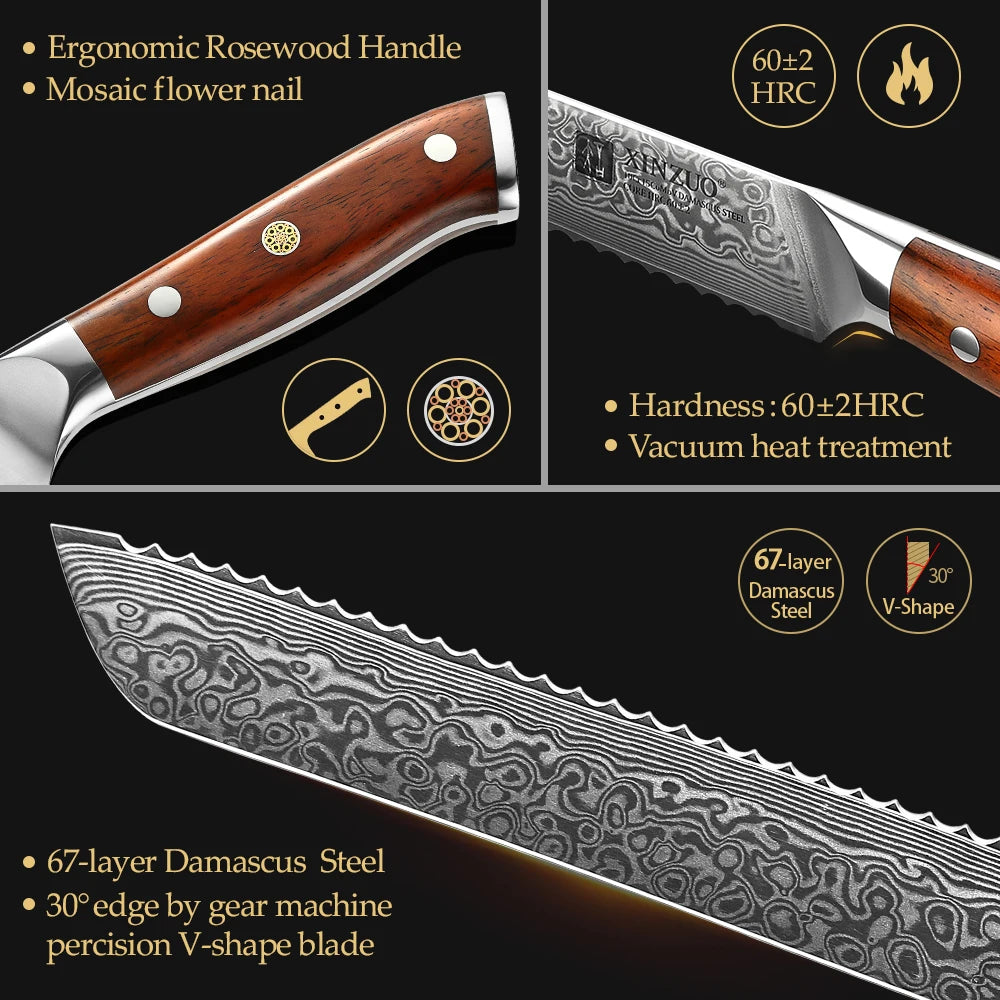 XINZUO 9'' Serrated Bread Knife Damascus Steel Rosewood Handle