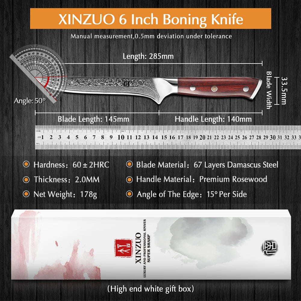 XINZUO 6" Boning Fish Knife Damascus Steel Rosewood Handle
