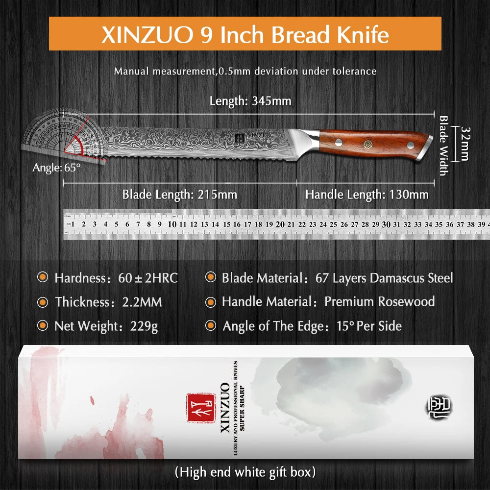 XINZUO 9'' Serrated Bread Knife Damascus Steel Rosewood Handle